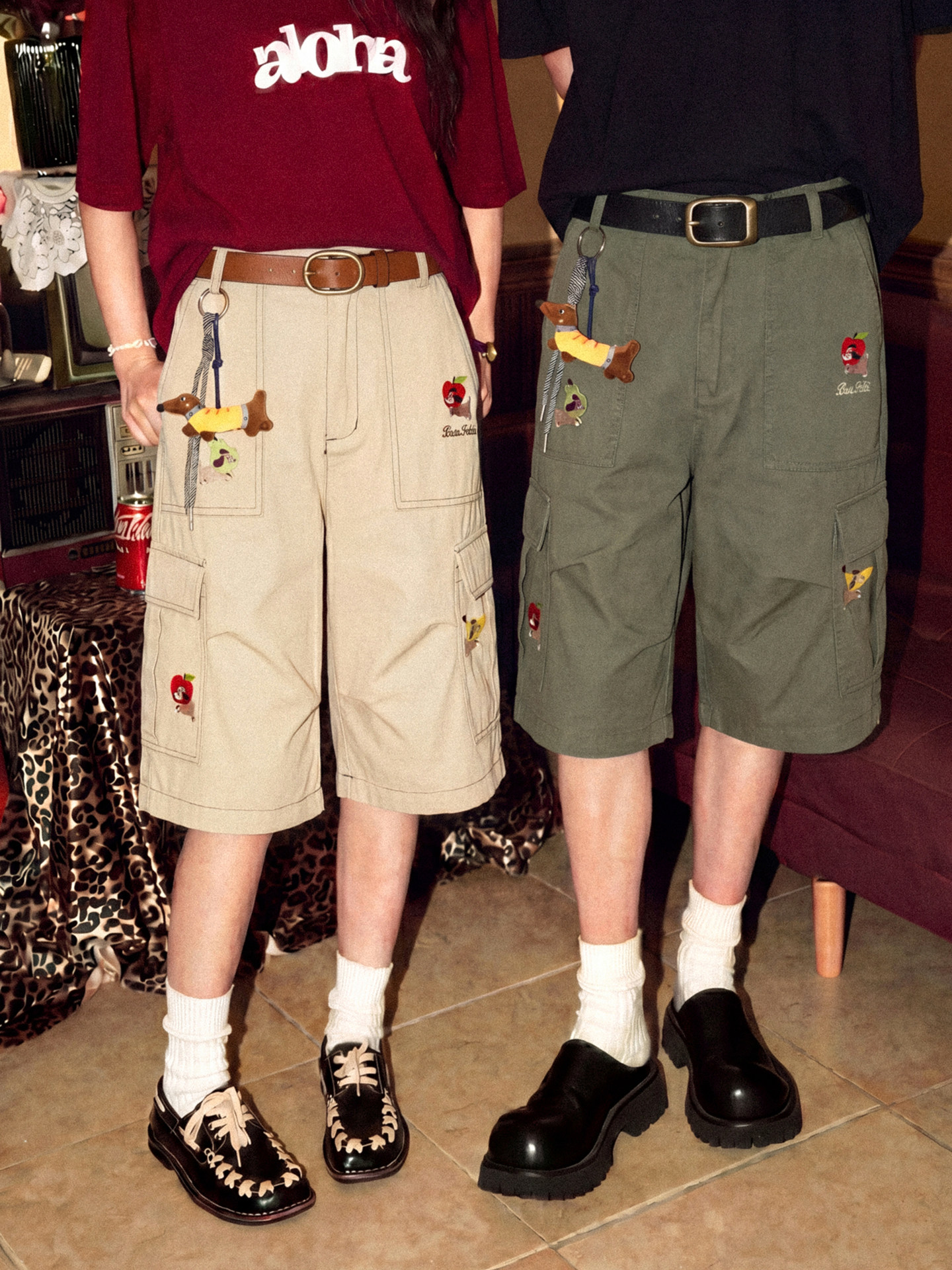 酒酿丸子ALOHA 复古日系两件套工装裤七分裤情侣短裤夏季休闲裤