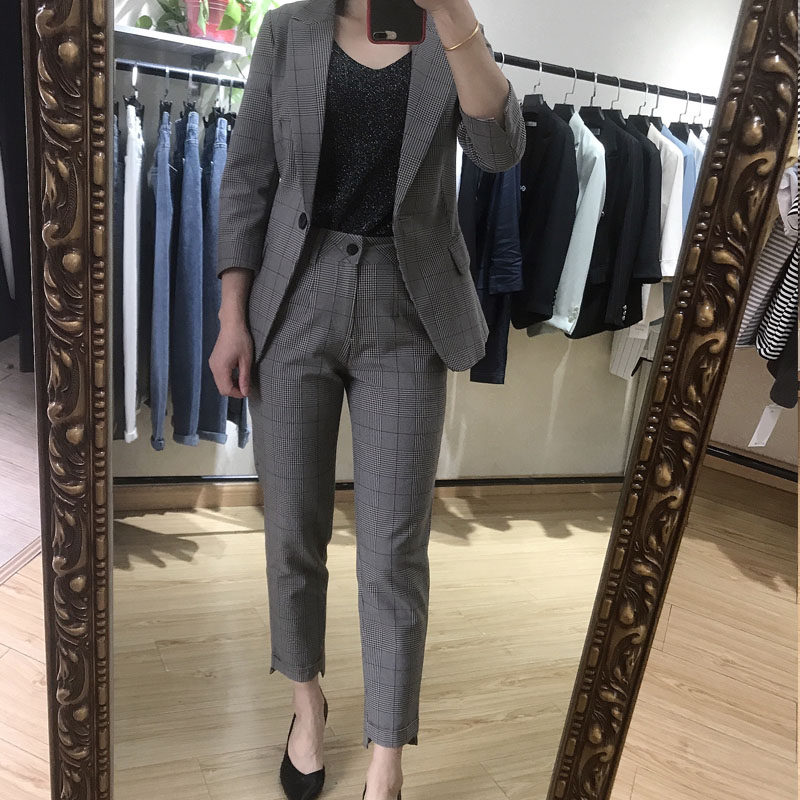 莱丝瑞拉套装春秋款格子休闲九分裤修身气质小西装外套女套装110