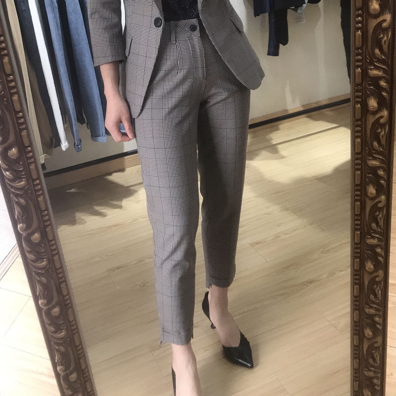 莱丝瑞拉M8K400春装2025秋修身哈伦小脚九分裤千鸟格子休闲女裤