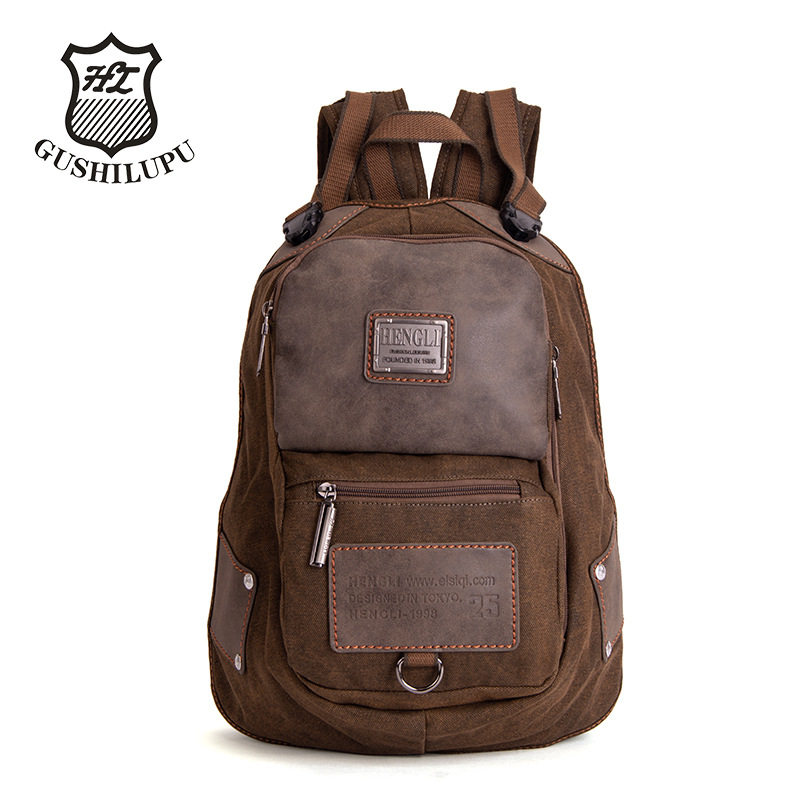 亨利韩版洗水帆布双肩背包男士休闲户外旅行背包中大学生帆布书包