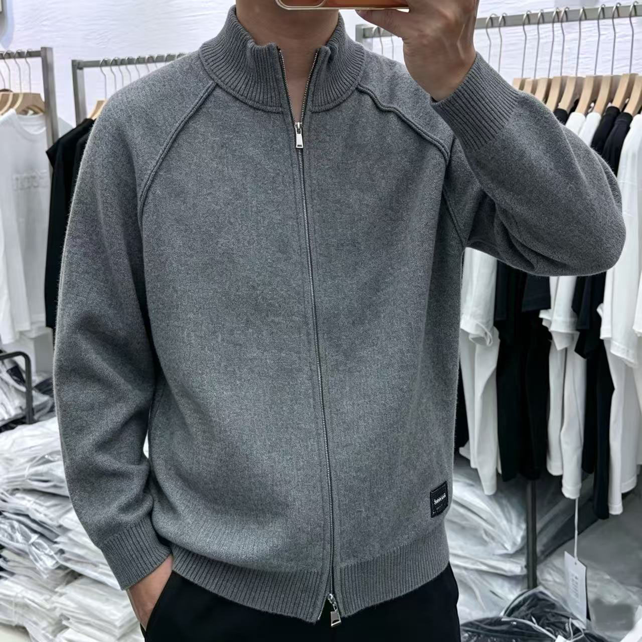 实体~秋冬男士潮牌宽松休闲针织拉链开衫立领毛衣外套百搭纯色