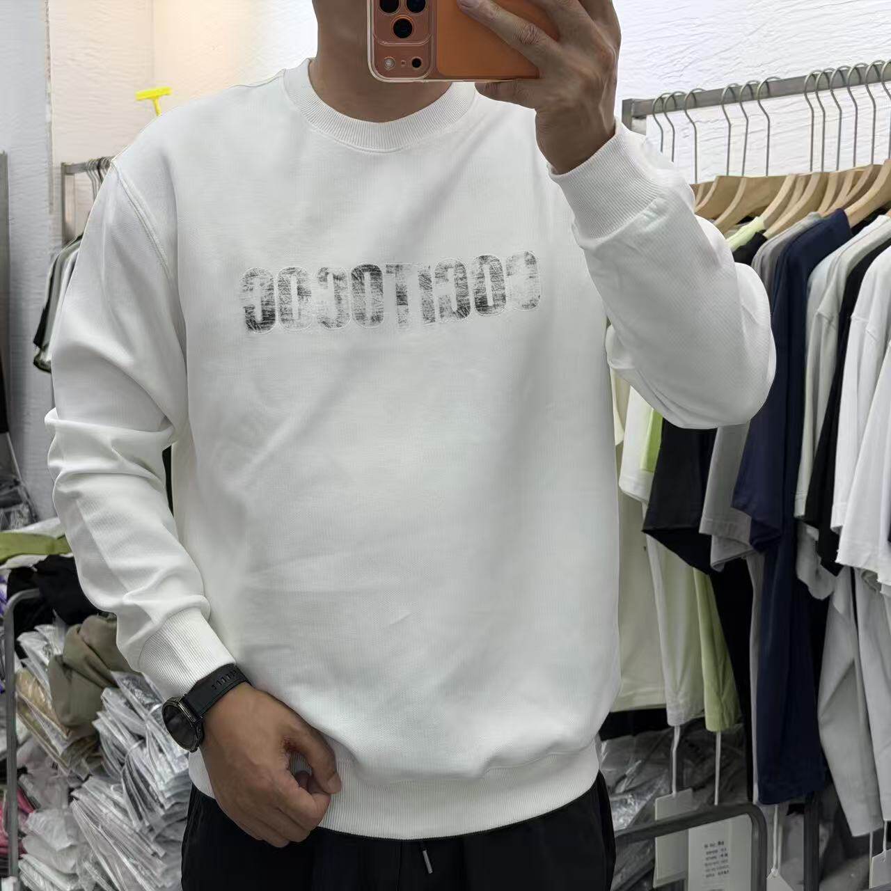 秋冬新款男士潮牌圆领宽松休闲小标印花卫衣时尚百搭纯色上衣打底