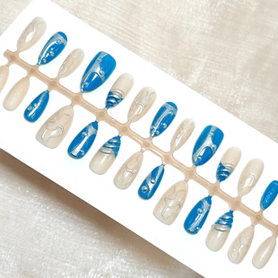 新款克莱因蓝色美甲3D立体银纹法式穿戴甲预制甲条批发30片分码