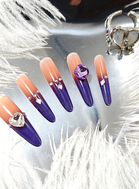 气质显白手工穿戴甲长款高级感紫色猫眼美甲片爱心法式穿戴式美甲