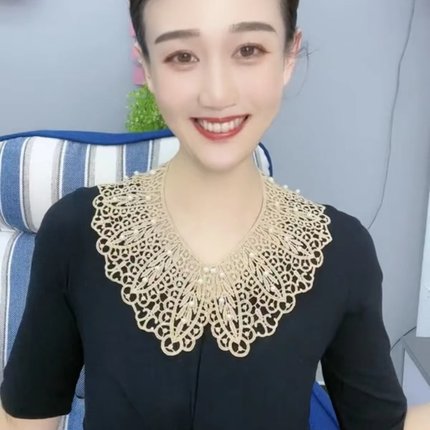 网红爆款围巾女冬款假领子衣领贝珠蕾丝镂空打底内搭护颈装饰百搭