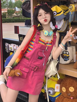 Denim suspenders, dress, cute skirt, mini-skirt, loose fit