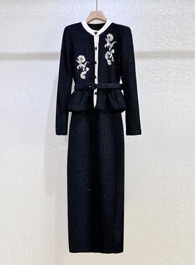 秋冬2025经典黑色千金风小香针织花朵亮片刺绣长款假两件连衣裙
