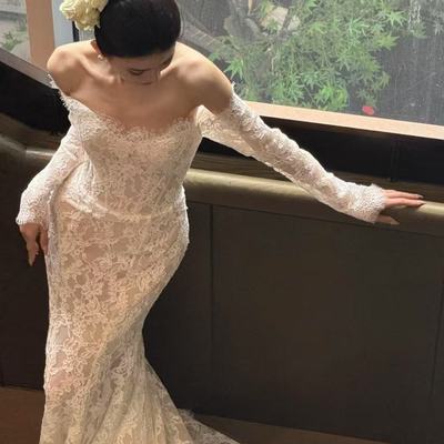 法式一字肩轻婚纱蕾丝长袖