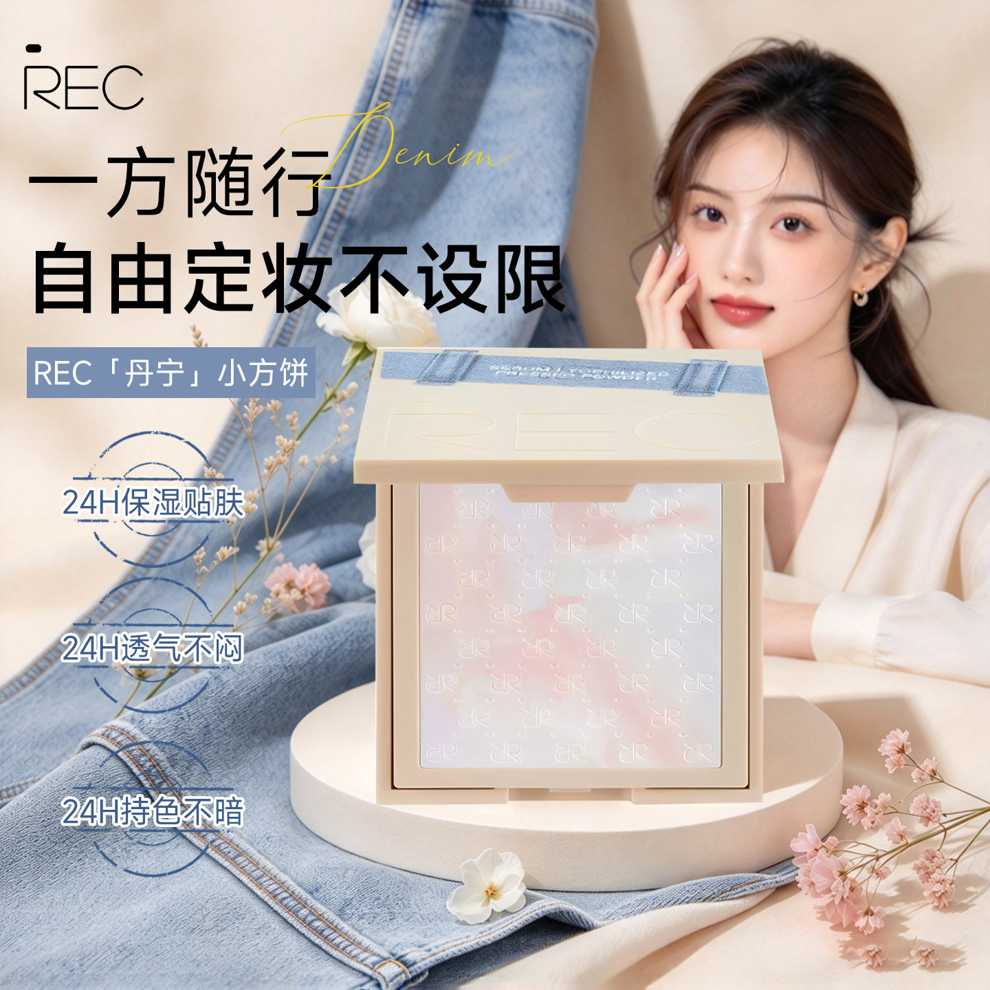 REC芮客丹宁小方饼精华冻干蜜粉饼定妆补妆保湿透气不闷肤蜜粉饼