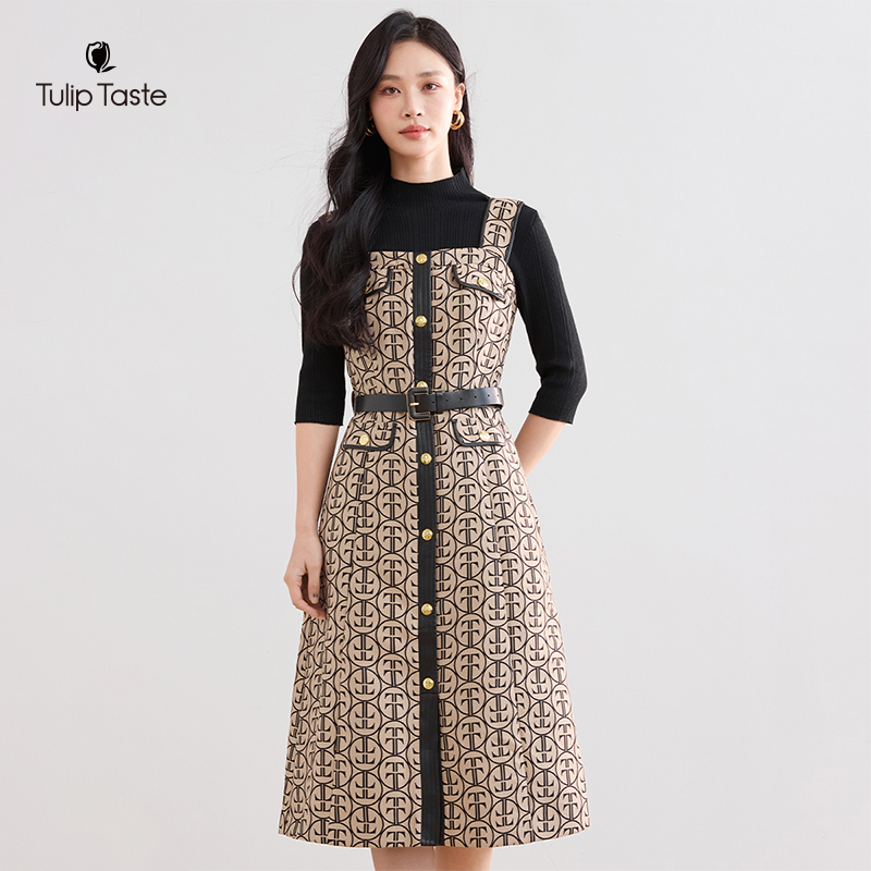 郁香菲优雅印花背带裙女