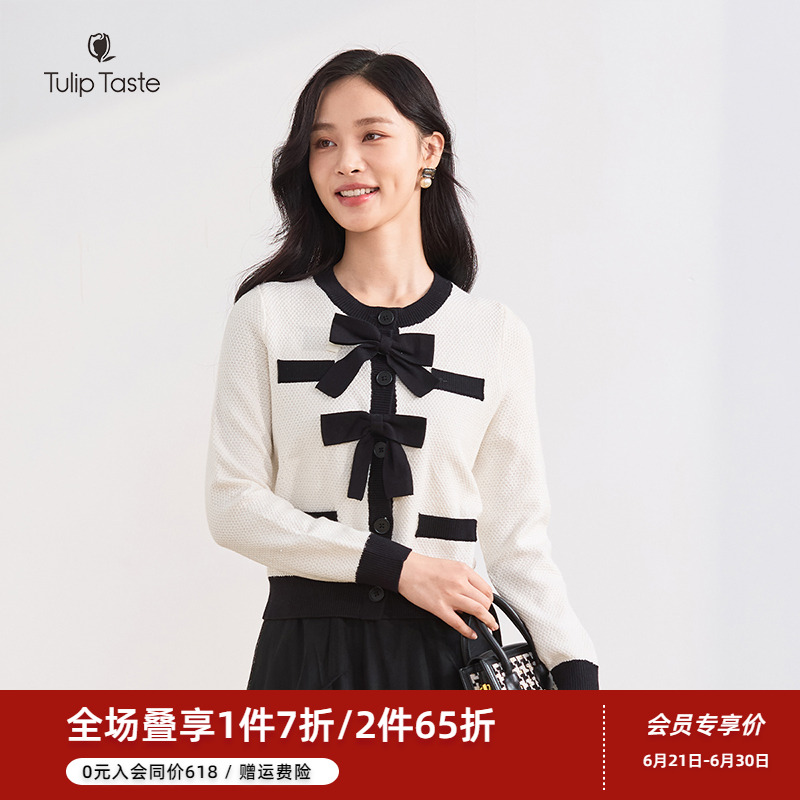 郁香菲小香风针织衫女气质优雅春季时尚蝴蝶结套头圆领毛衫上衣