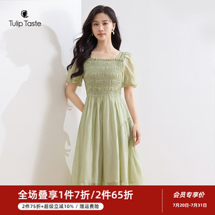 郁香菲方领连衣裙女气质通勤夏季 显瘦打揽收腰A字裙 时尚 泡泡袖