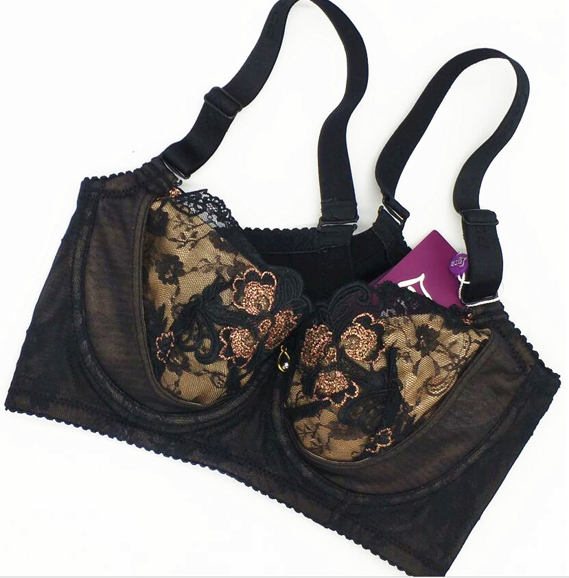 正品蕾丝内衣女人文胸布带薄款夏季黑色纯棉加特大码大胸显小四扣