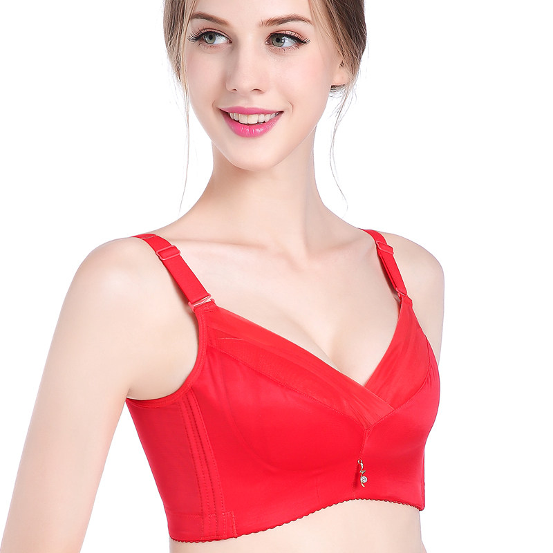丝无海棉无钢圈文胸罩收副乳薄杯红色本命年内衣薄聚拢纯棉女