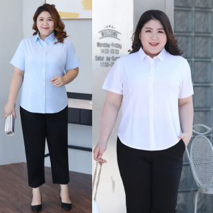 大码短袖衬衫女胖mm职业正装工作服工装大学生面试夏装蓝白色衬衣
