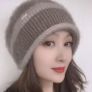 冬季 双层舒适加厚保暖 针织堆堆新款 百搭撞色松鼠条纹蓓蕾女帽时尚