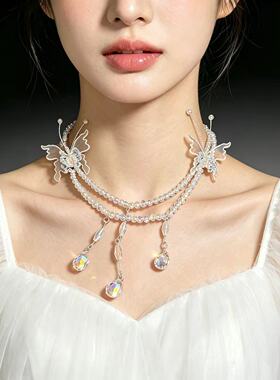 宫廷复古重工珍珠蝴蝶项链耳环套装新娘婚纱礼服配饰多层流苏