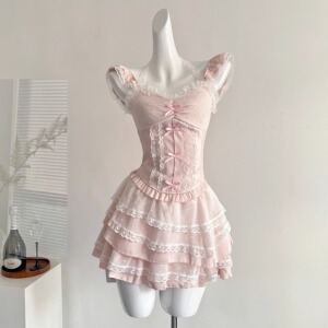 粉雾玫瑰夏季千金纯欲风小个子蕾丝蝴蝶结上衣蓬蓬蛋糕半裙套装女