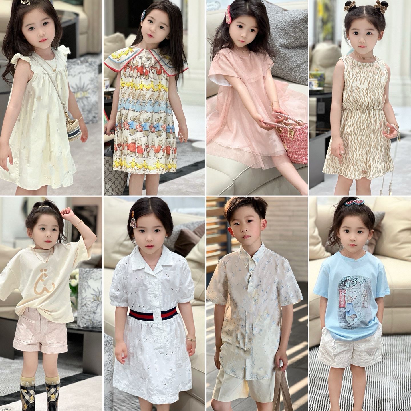 小七baby夏季新款娃娃领彩色网纱连衣裙短袖短裤套装男女童宝LR06