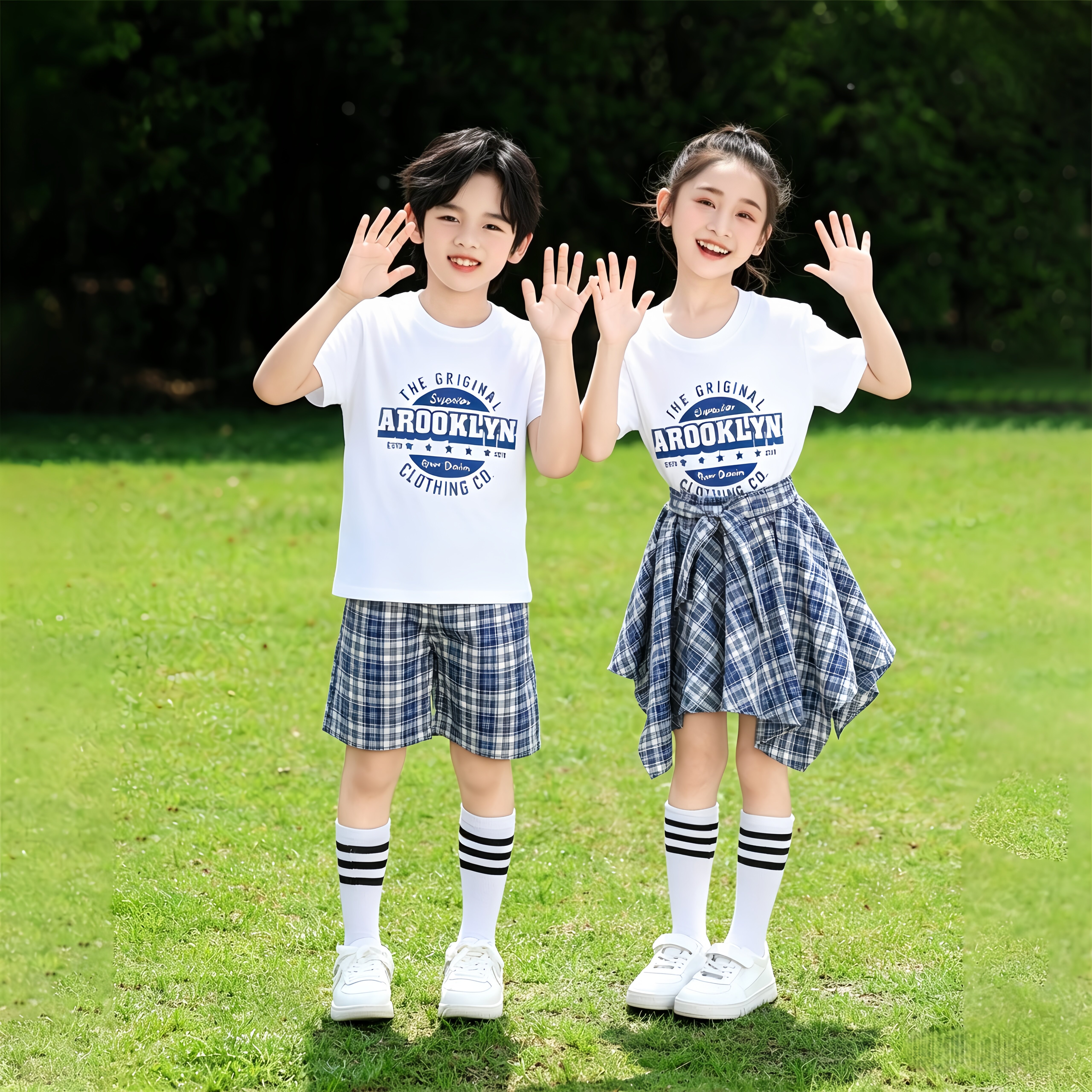 小学生拉拉操舞蹈服运动会套装男女童学院风格子裙毕业照表演服装