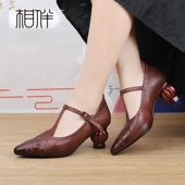 女鞋 新款 尖头复古民族风高跟浅口酒杯跟单鞋 相伴真皮夏季 丁字皮鞋