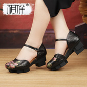 2025年夏季 新款 百搭羊皮高跟手绘女式 相伴真皮凉鞋 复古民族风女鞋