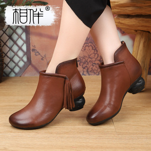 相伴真皮短靴女2025新款 流苏女靴 春秋单靴复古风粗跟民族风新中式