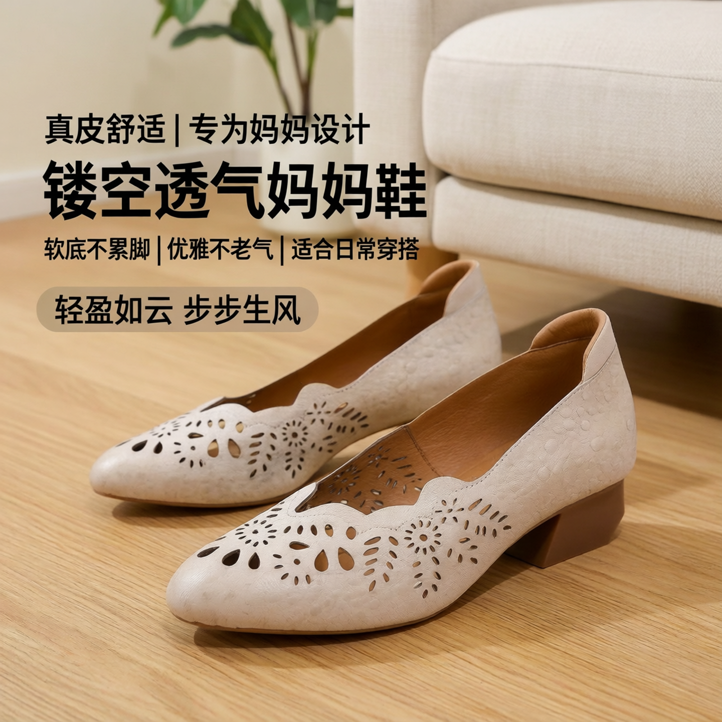 相伴真皮单鞋女新款凉鞋镂空皮鞋软底妈妈洞洞鞋中老年不累脚女鞋