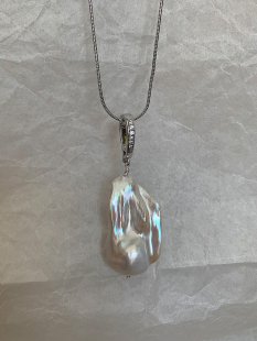 纯银可调节拆卸扣 45cm 天然极光超大鱼尾异形巴洛克珍珠吊坠项链