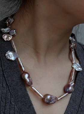 2023原创设计 天然异形巴洛克珍珠项链 毛衣链 个性大巴紫色花瓣