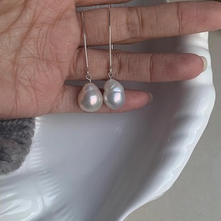 Gentle Time 小众气质高级感巴洛克珍珠耳环耳挂 通体银 长款吊坠