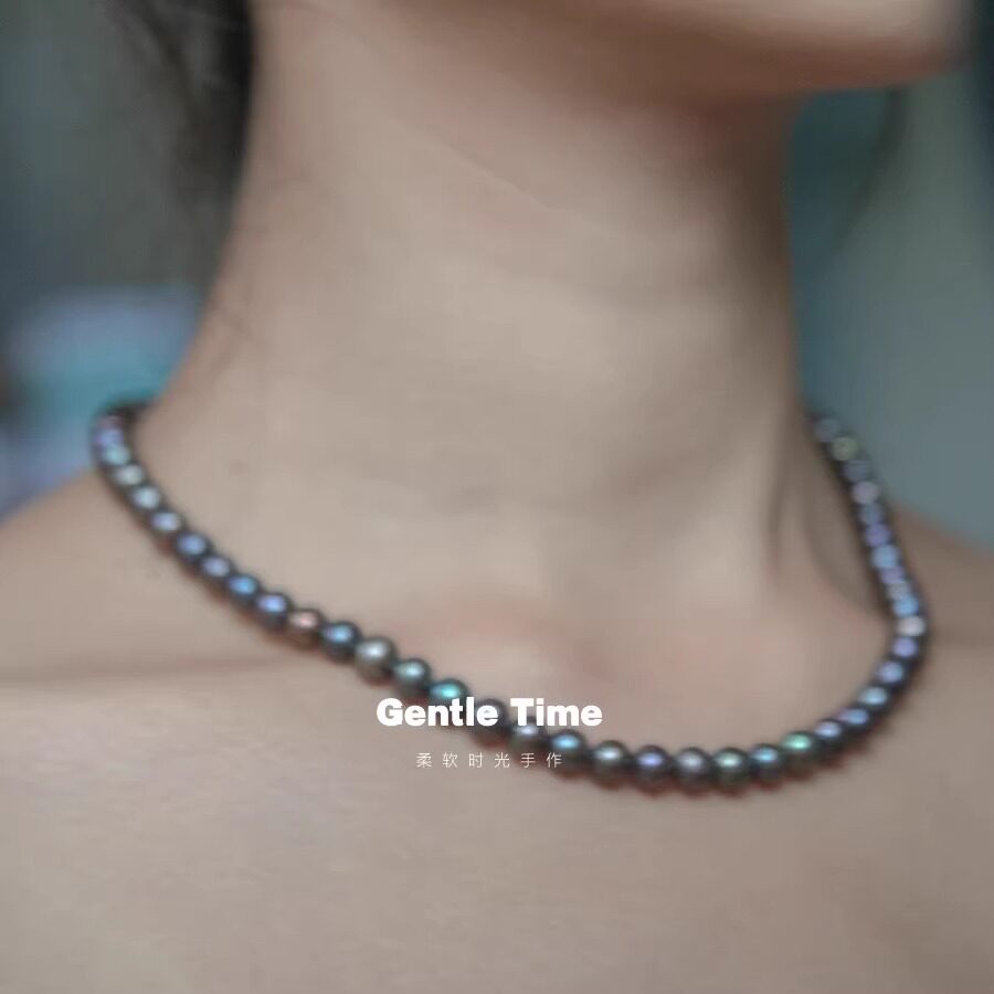 Gentle Time小众平替海水大溪地孔雀蓝8mm淡水天然珍珠项链锁骨链