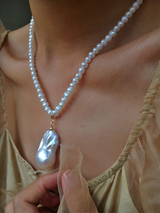 大颗珍珠项链单颗吊坠 巴洛克天然极光珍珠项链高级感锁骨链小众