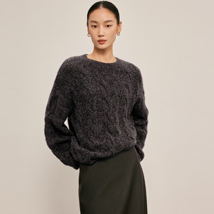 陌可康宝莱白厂丝山羊绒绞花圆领针织毛衣女上衣 羊绒衫 商场同款