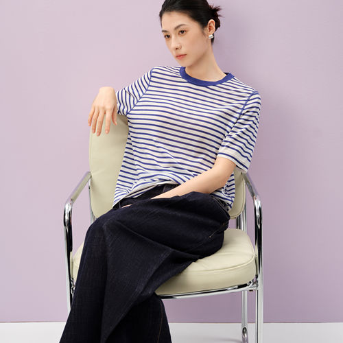 陌可/2026夏季新款含桑蚕丝棉圆领休闲上衣五分袖针织衫T恤女薄透