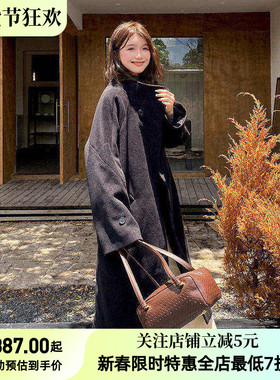 BANKO黑色毛呢外套女秋冬新款立领气质长款加厚插肩袖呢子大衣