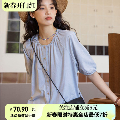 实拍2025夏季新款日系文艺百搭圆领衬衫女复古泡泡袖短袖蓝色上衣