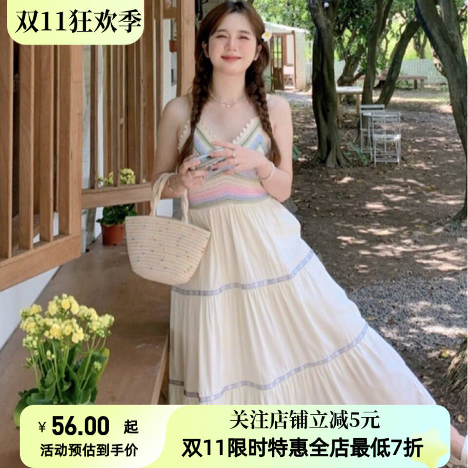 新款复古民族风设计感V领针织衫拼接沙滩吊带连长裙女装裙子批发