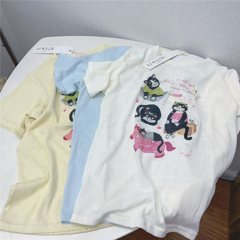 美式卡通猫咪印花短袖T恤女宽松百搭休闲上衣均码胸围104衣长62