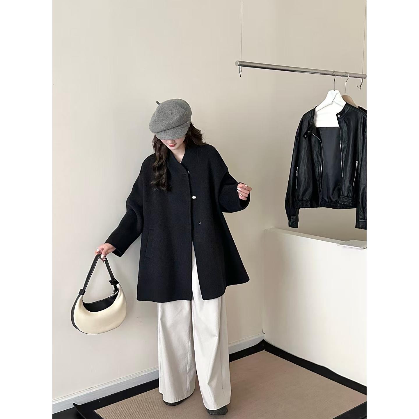 2025冬季新款外套韩版设计感短款双面羊绒宽松立领大衣毛呢外套