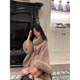 氛围感新年斗篷高支澳羊毛狐狸毛双面尼大衣秋冬新款毛呢外套显瘦