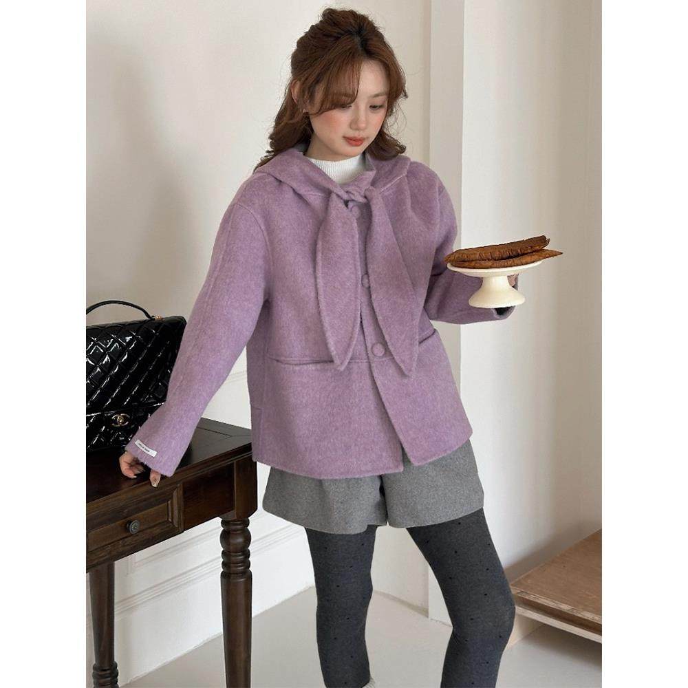 新款超好看可爱兔耳朵羊毛呢外套女短款韩版连帽双面羊绒大衣2025