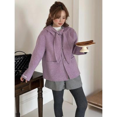 新款超好看可爱兔耳朵羊毛呢外套女短款韩版连帽双面羊绒大衣2025