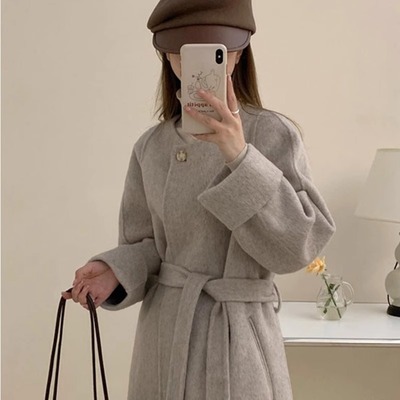 立领过膝中长款双面羊绒大衣女显瘦韩系慵懒风一粒扣毛呢外套气质