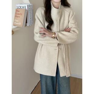2025秋冬新款立领韩系双面羊绒大衣女长毛系带宽松中长款毛呢外套