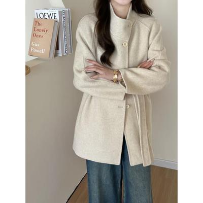 双面羊绒大衣女短款收腰系带立领