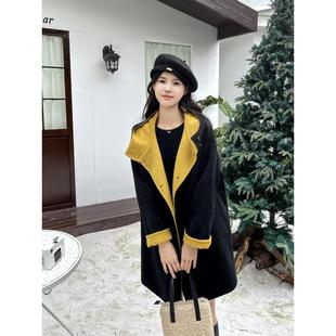 高端连帽双面羊绒大衣女2025秋冬新款韩系宽松撞色减龄毛呢外套