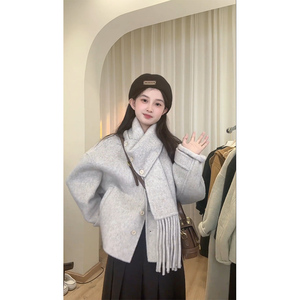 小香风羊绒双面呢大衣2024秋冬新款小个子毛呢外套高级短款女装