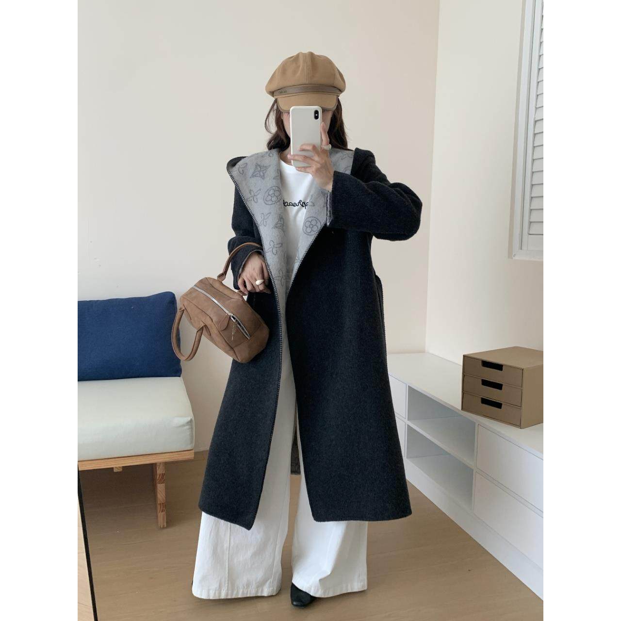 韩系连帽双面羊毛大衣女秋冬