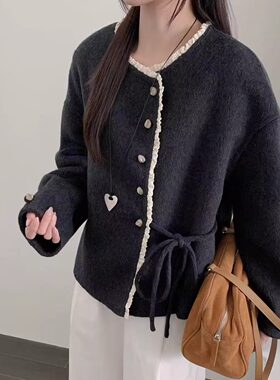 双面羊毛大衣女短款小香风蕾丝